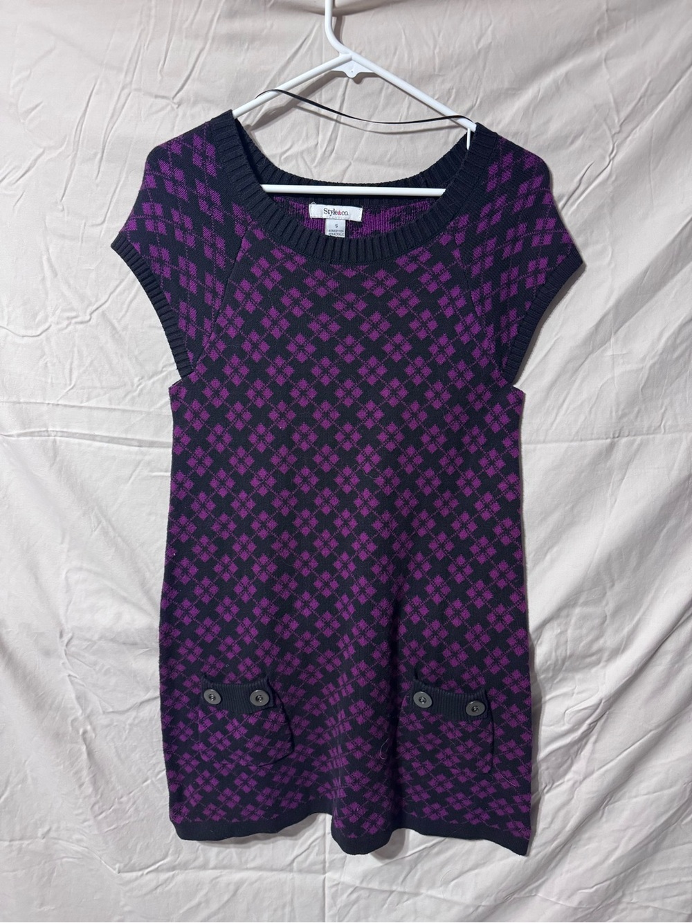 Style & Co. Purple and Black Argyle Knit Mini Dress